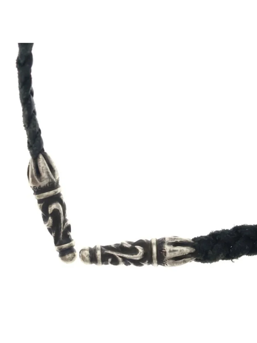 Chrome Hearts Leather Braid Scroll Blade Silver Necklace Black